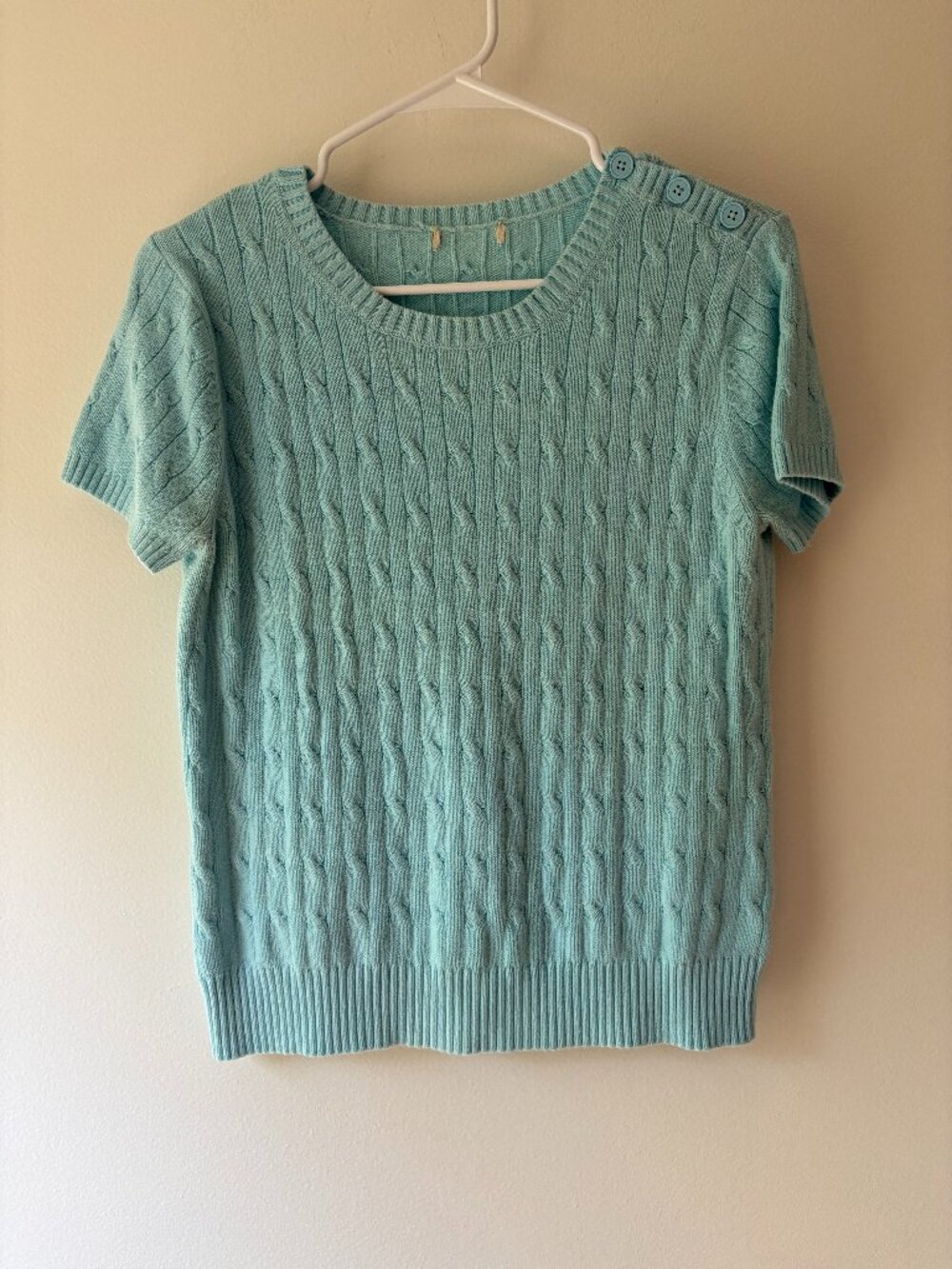 Vintage Mint Aqua Blue Cable Knit Short Sleeve Sweater